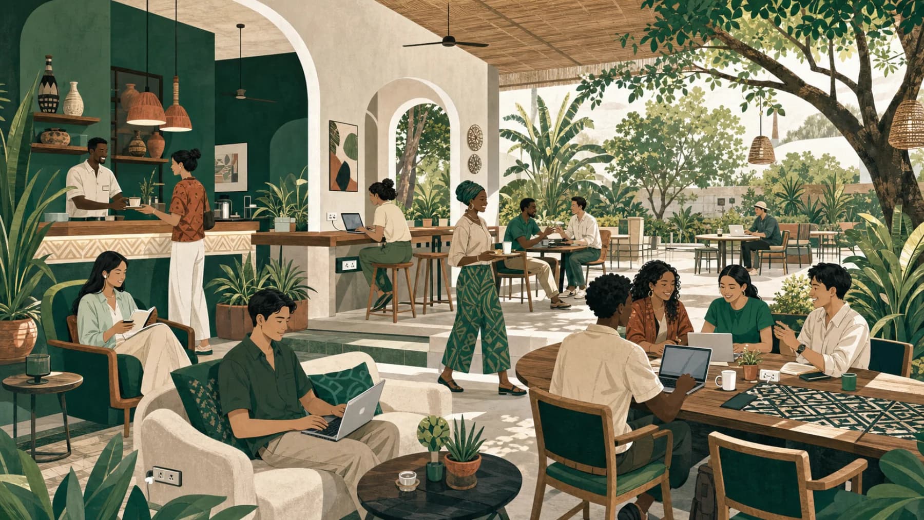 Panoramic illustration of Juang Cafe with spaces to relax, study, work, and connect in a leafy semi-outdoor setting