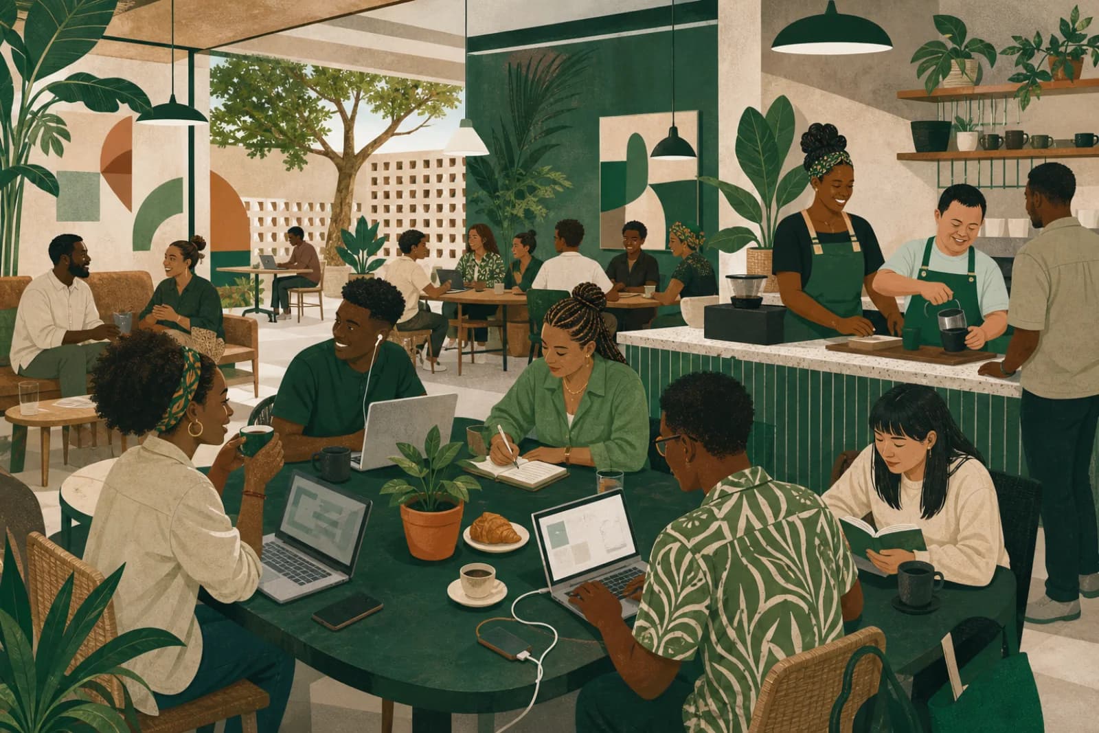 Editorial illustration of Juang Cafe as an open, welcoming and inclusive community space