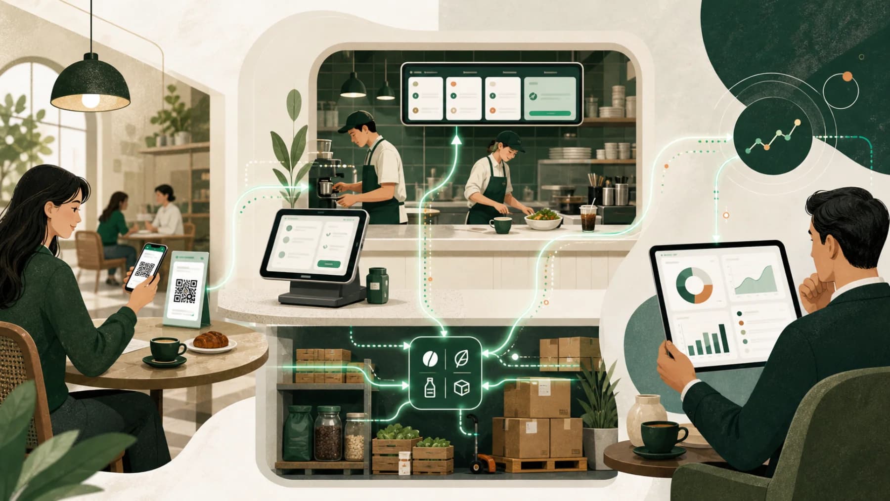 Integrated Juang Cafe technology connecting QR table ordering, cashier, kitchen, inventory, and an investor dashboard