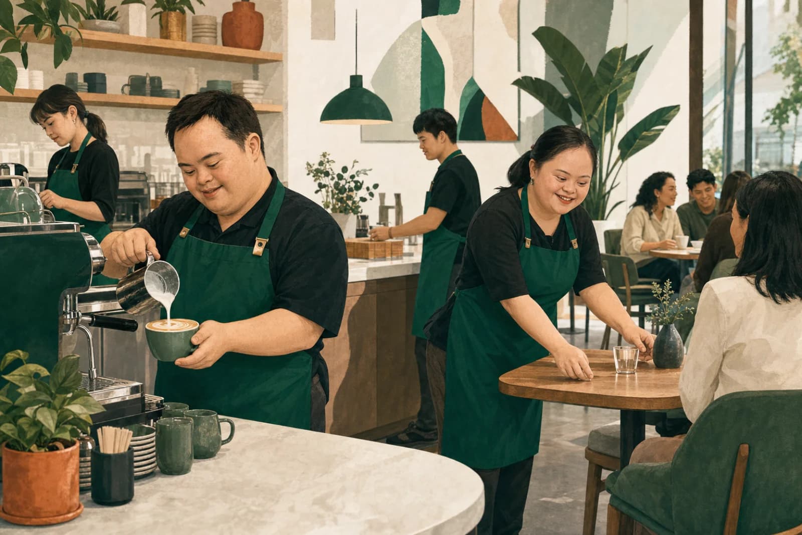 Adults with Down syndrome working professionally as Juang Cafe team members, preparing coffee and serving guests